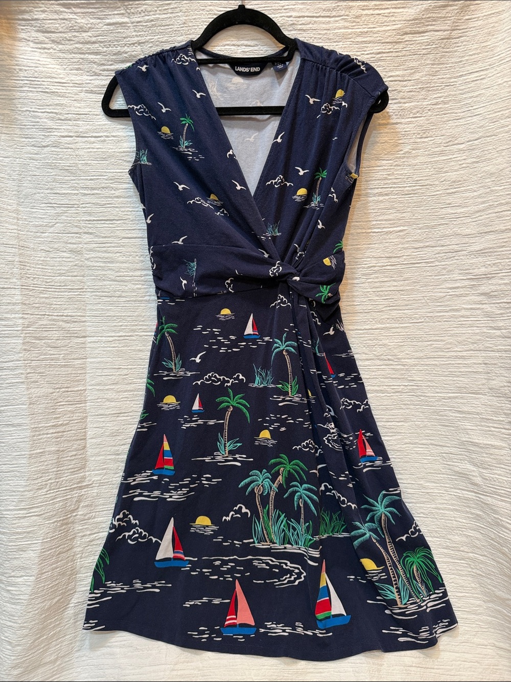 Lands' End Navy Sailboat & Palm Knot-Front Summer Dress